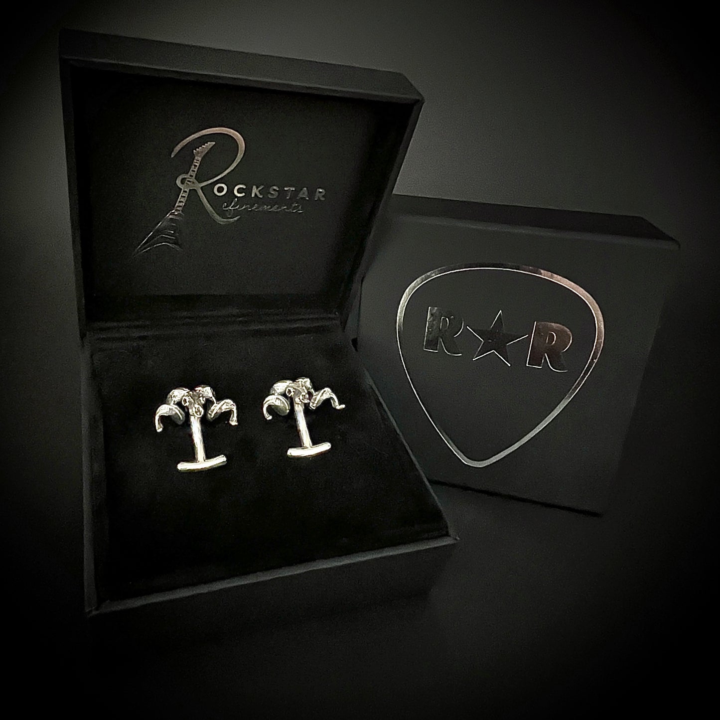 FLOCKING FORMAL solid silver cufflinks shown in ROCKSTAR★REFINEMENTS™ presentation box