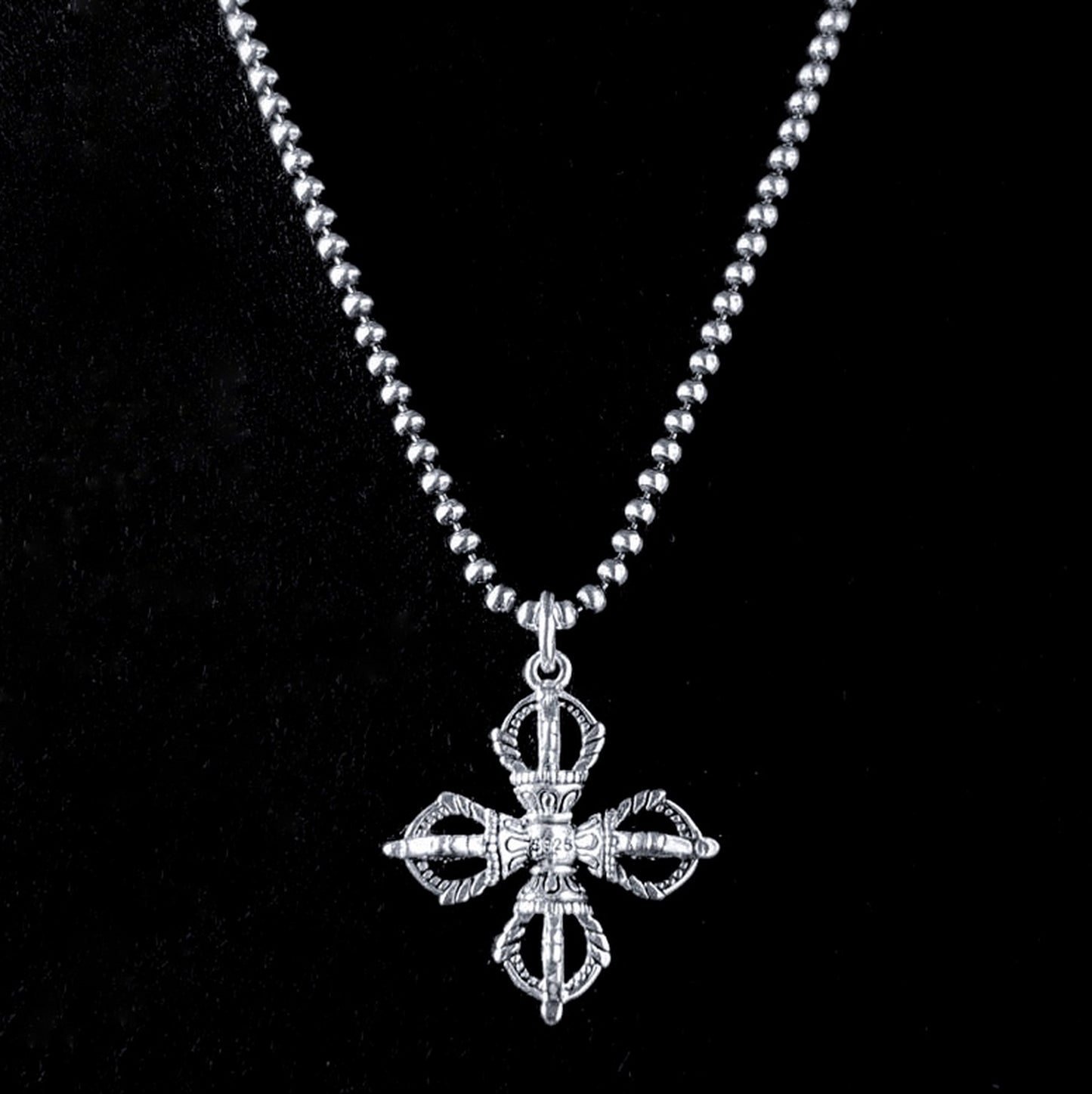 ALTAR EGO sterling silver Gothic cross pendant necklace by ROCKSTAR★REFINEMENTS, shown close-up on an oxidised ball chain