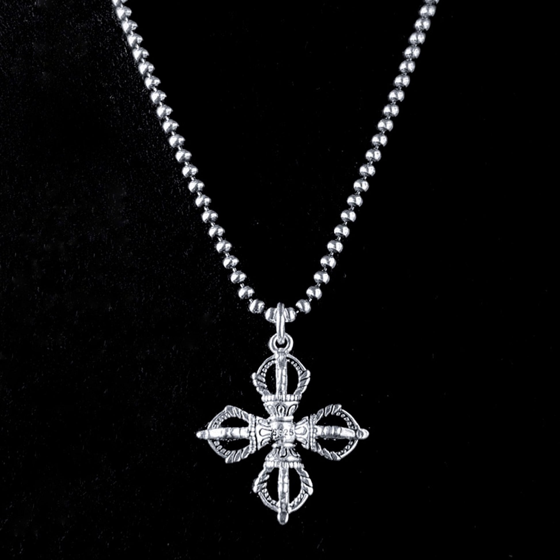 ALTAR EGO sterling silver Gothic cross pendant necklace by ROCKSTAR★REFINEMENTS, shown close-up on an oxidised ball chain