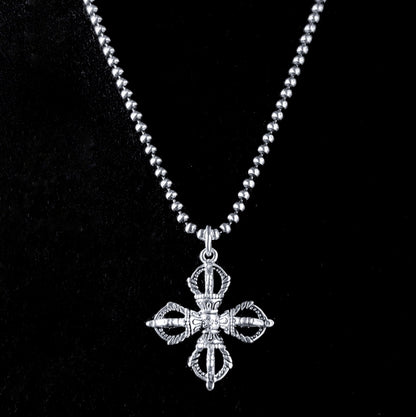 ALTAR EGO sterling silver Gothic cross pendant necklace by ROCKSTAR★REFINEMENTS, shown close-up on an oxidised ball chain