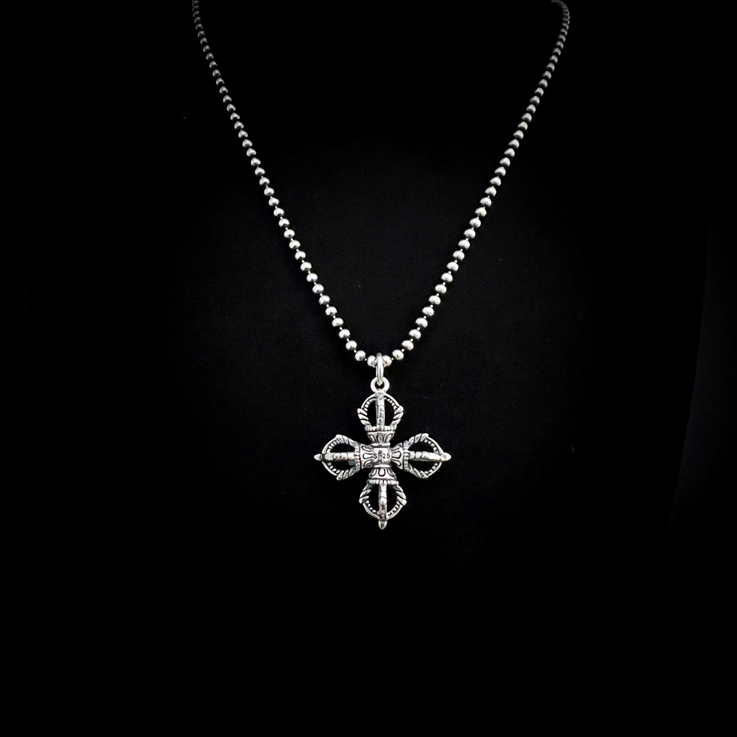 ALTAR EGO sterling silver Gothic cross pendant necklace by ROCKSTAR★REFINEMENTS™, shown on an oxidised ball chain front view