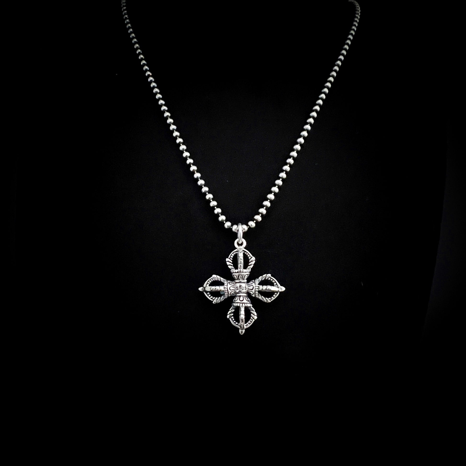ALTAR EGO sterling silver Gothic cross pendant necklace by ROCKSTAR★REFINEMENTS™, shown on an oxidised ball chain front view