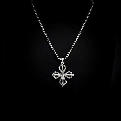 ALTAR EGO sterling silver Gothic cross pendant necklace by ROCKSTAR★REFINEMENTS™, shown on an oxidised ball chain front view