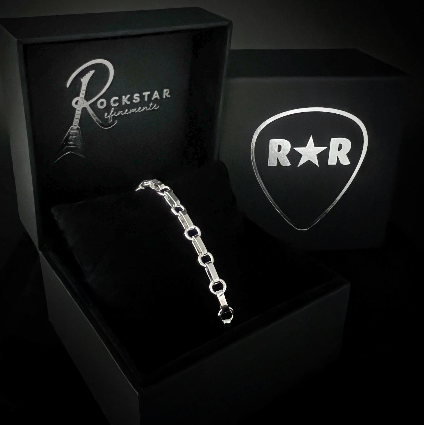 BACKLINE solid sterling silver bracelet by ROCKSTAR★REFINEMENTS™ in branded packaging.
