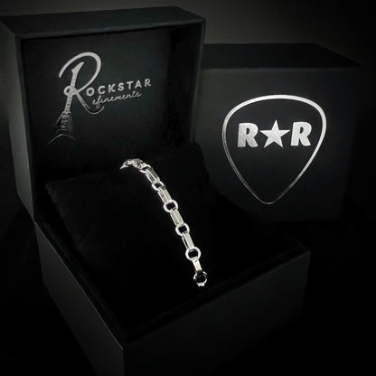BACKLINE solid sterling silver bracelet by ROCKSTAR★REFINEMENTS™ in branded packaging.
