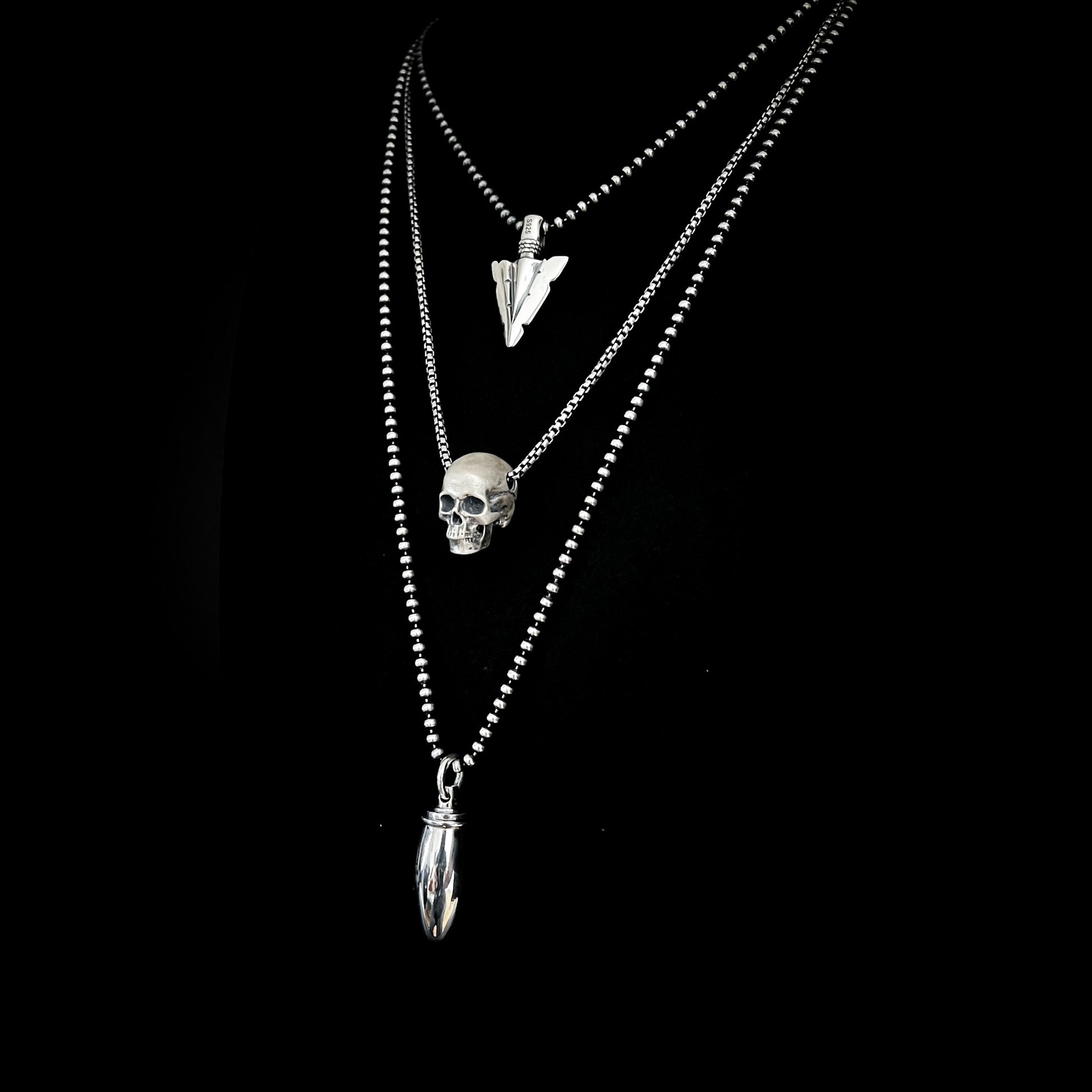 DEADLY LITTLE DETAILS — layered oxidised silver necklaces featuring FINAL POINT, RESTING DEAD FACE, and PRETTY LOADED by ROCKSTAR★REFINEMENTS