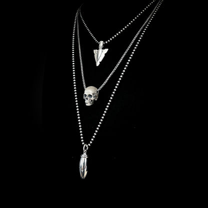 DEADLY LITTLE DETAILS — layered oxidised silver necklaces featuring FINAL POINT, RESTING DEAD FACE, and PRETTY LOADED by ROCKSTAR★REFINEMENTS