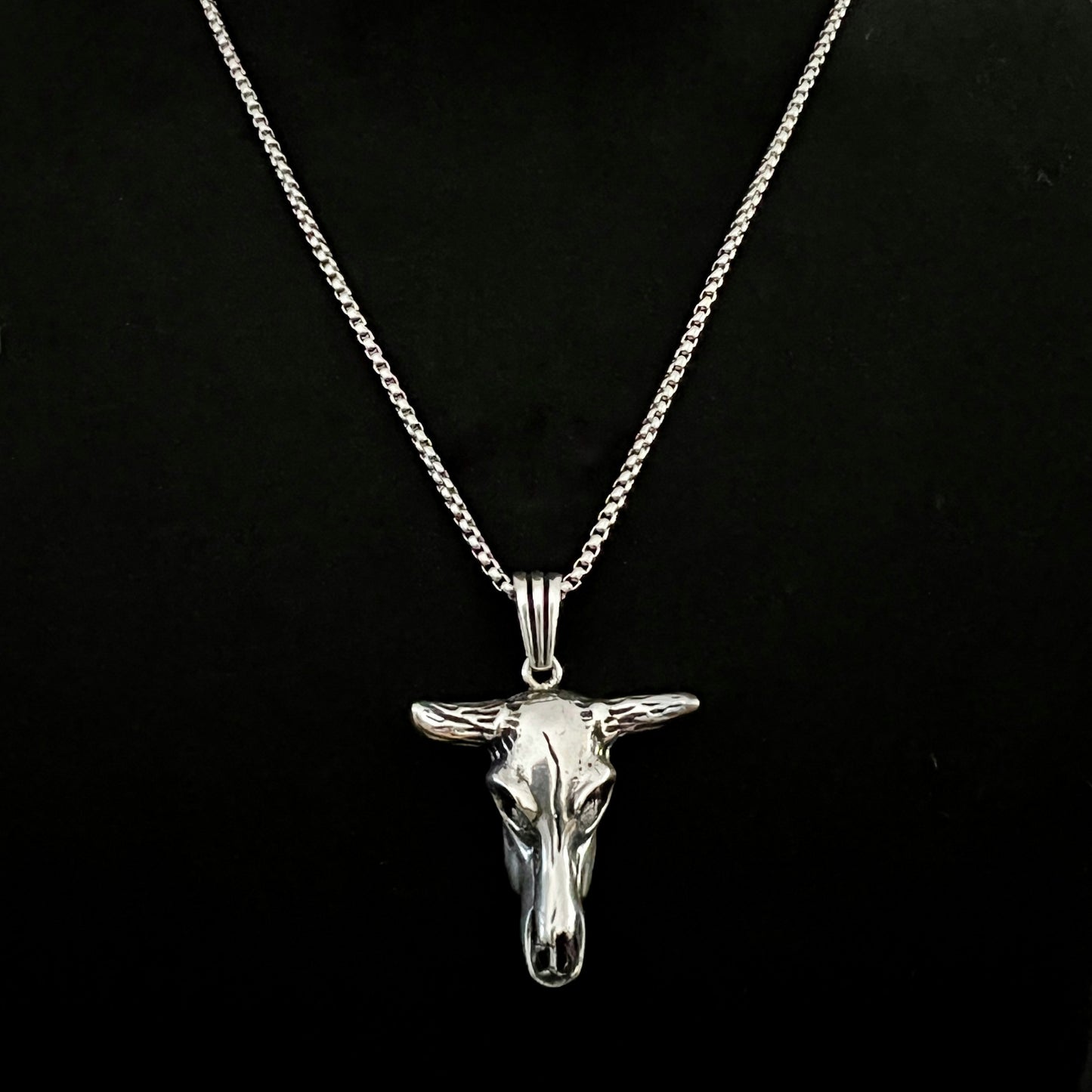 No BS Bull skull sterling silver pendant by ROCKSTAR★REFINEMENTS on a box chain
