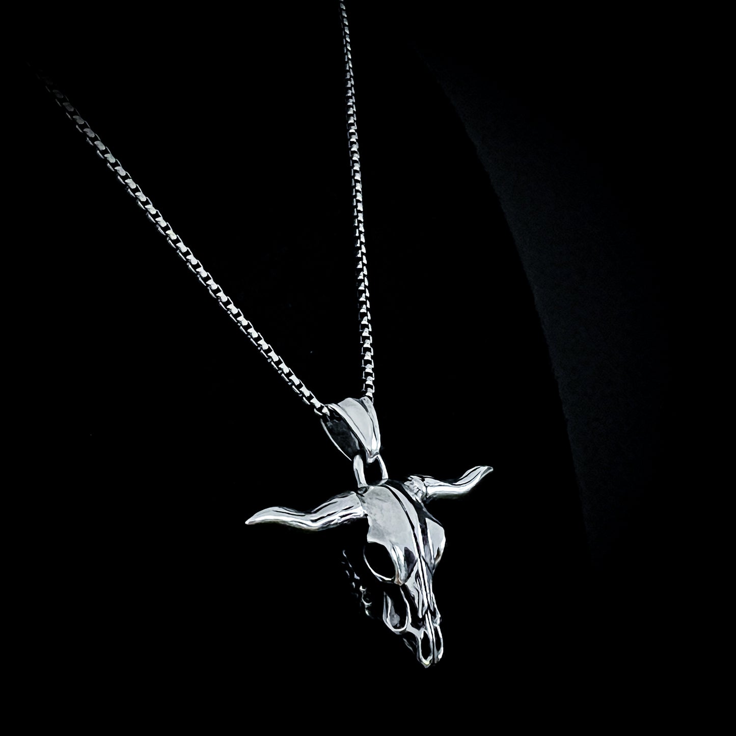 Sterling silver Point of No Return longhorn skull pendant on 18 inch box chain, side view