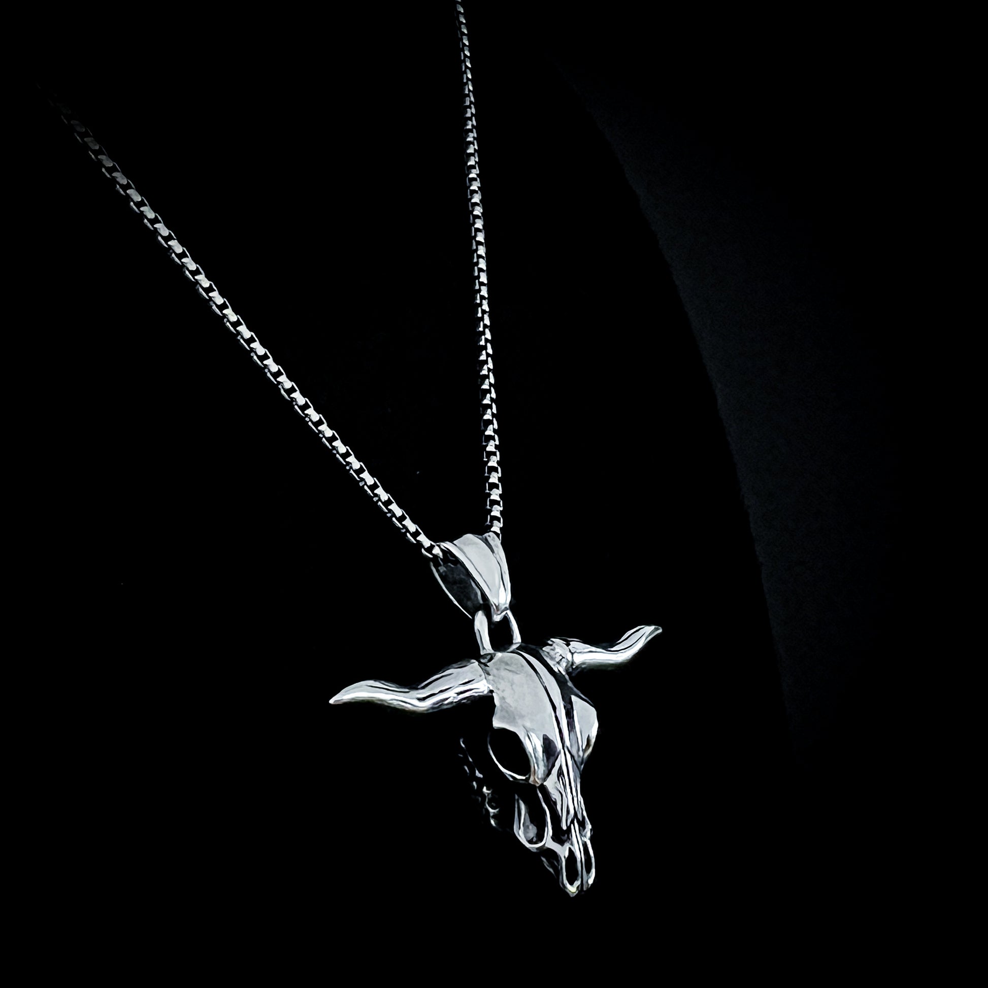 Sterling silver Point of No Return longhorn skull pendant on 18 inch box chain, side view