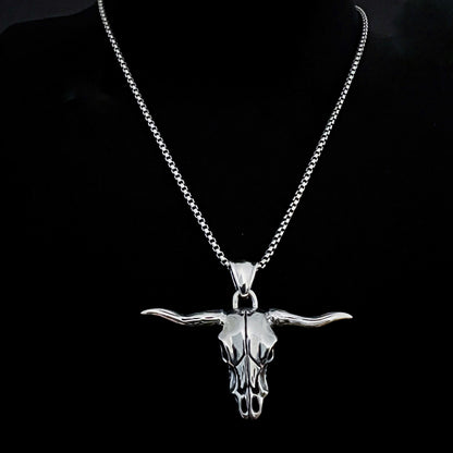 Sterling silver Point of No Return longhorn skull pendant from ROCKSTAR★REFINEMENTS, on a 18 inch box chain, on black background