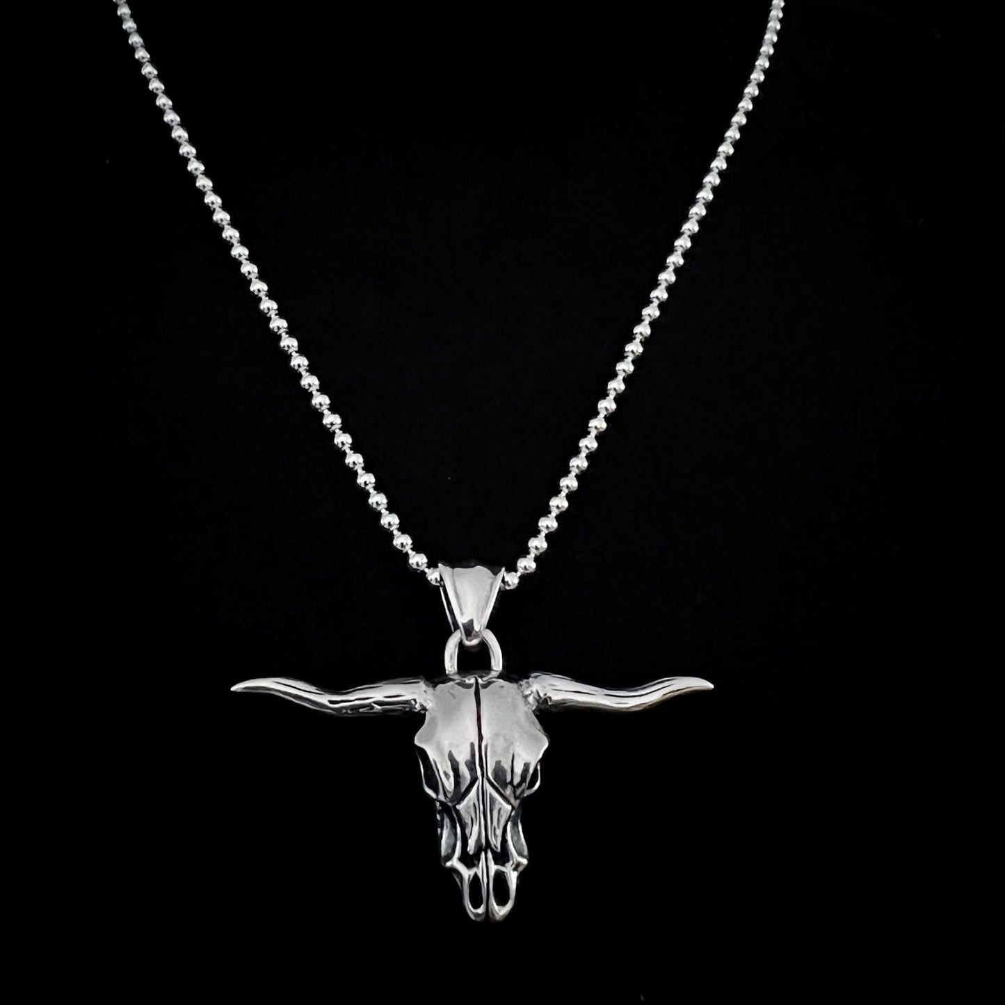 Sterling silver Point of No Return longhorn skull pendant on 22 inch heavy ball chain