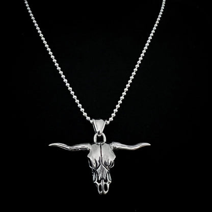 Sterling silver Point of No Return longhorn skull pendant on 22 inch heavy ball chain
