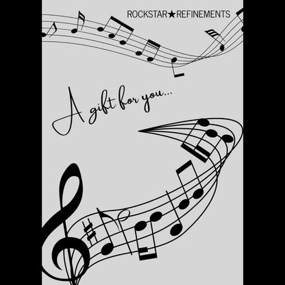 ROCKSTAR★REFINEMENTS™ gift card design featuring musical notes and the handwritten text ‘A gift for you’ on a light background.
