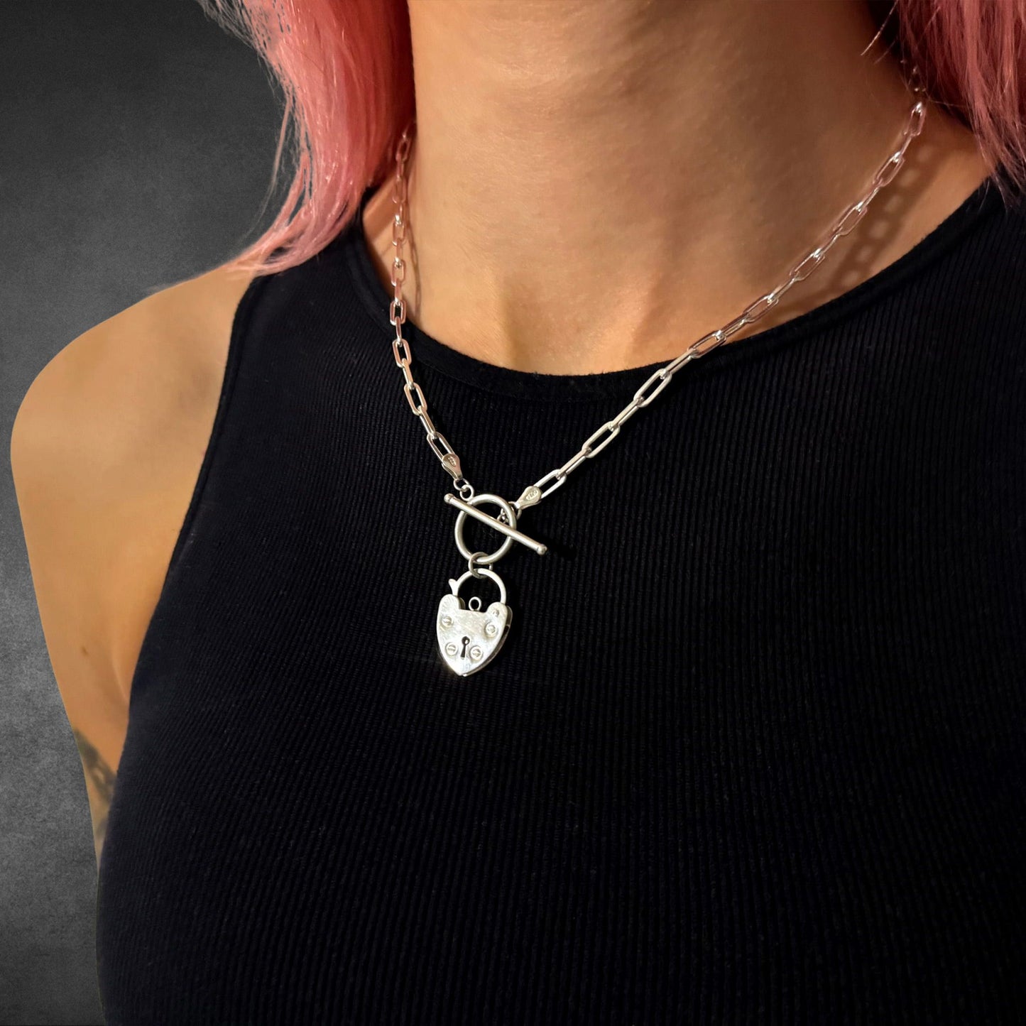 ACCESS DENIED padlock locket pendant on 18-inch paperclip chain