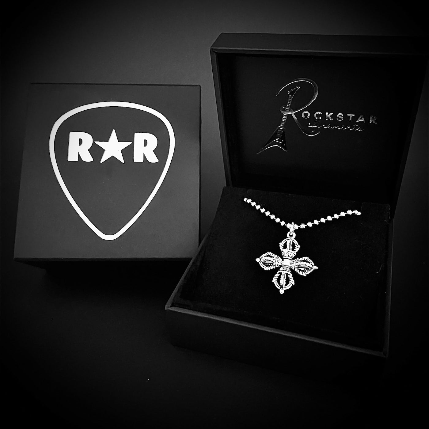 ROCKSTAR★REFINEMENTS™ sterling silver necklace in branded box, showcasing quality craftsmanship and authentic materials.