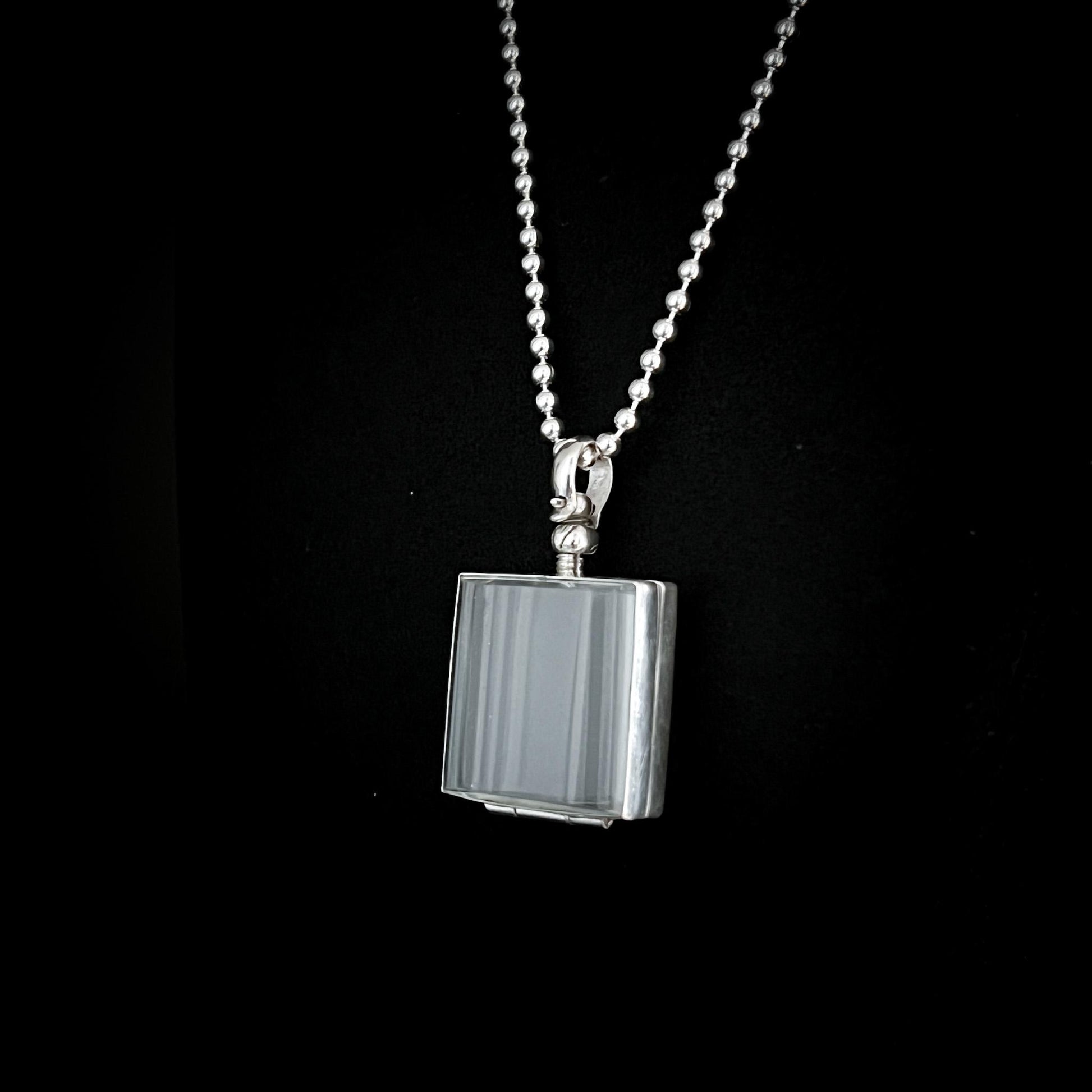 Rectangular glass and sterling silver pendant necklace on a black background – ASHES OF HIS HOODIE by ROCKSTAR★REFINEMENTS