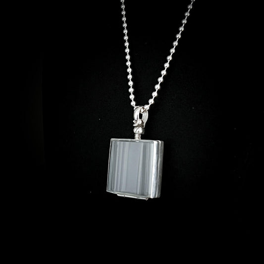 Rectangular glass and sterling silver pendant necklace on a black background – ASHES OF HIS HOODIE by ROCKSTAR★REFINEMENTS