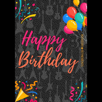 ROCKSTAR★REFINEMENTS™ birthday gift card design with colourful balloons and confetti on a dark guitar-textured background, featuring handwritten-style text reading “Happy Birthday”.