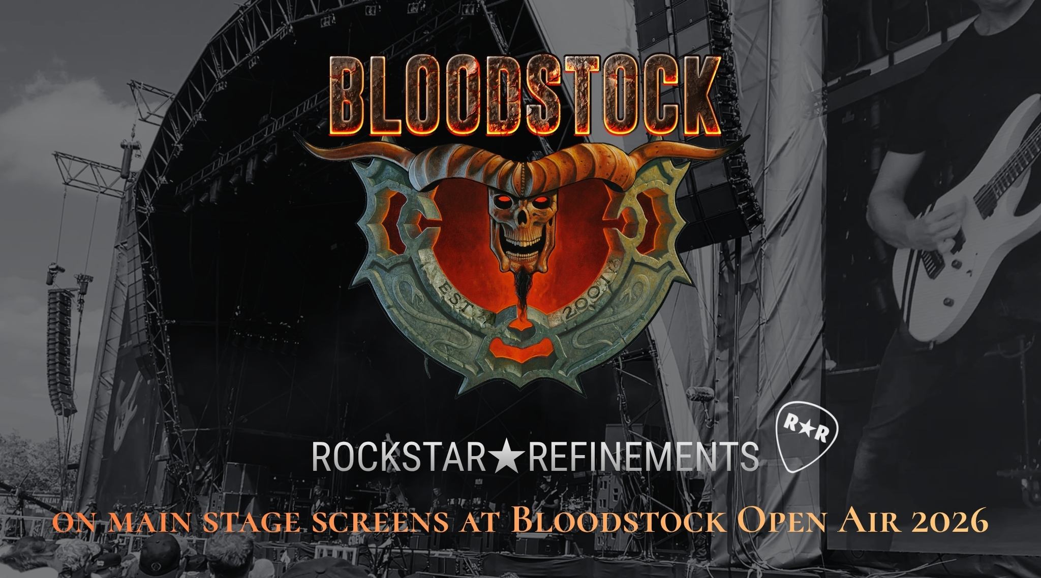 Bloodstock Open Air festival emblem with ROCKSTAR★REFINEMENTS on main stage screens announcement for 2026