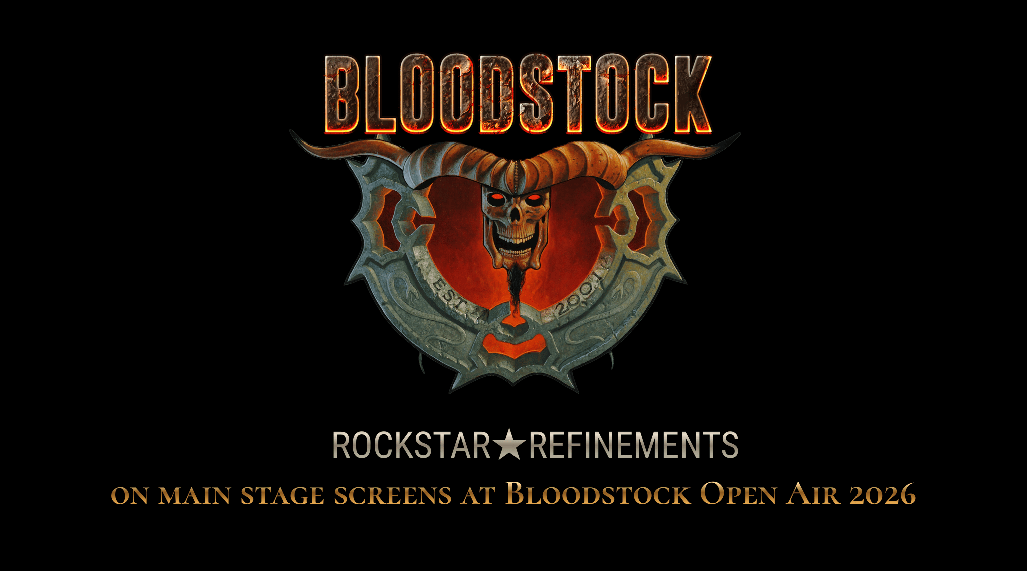 Bloodstock Open Air festival emblem with ROCKSTAR★REFINEMENTS on main stage screens announcement for 2026.