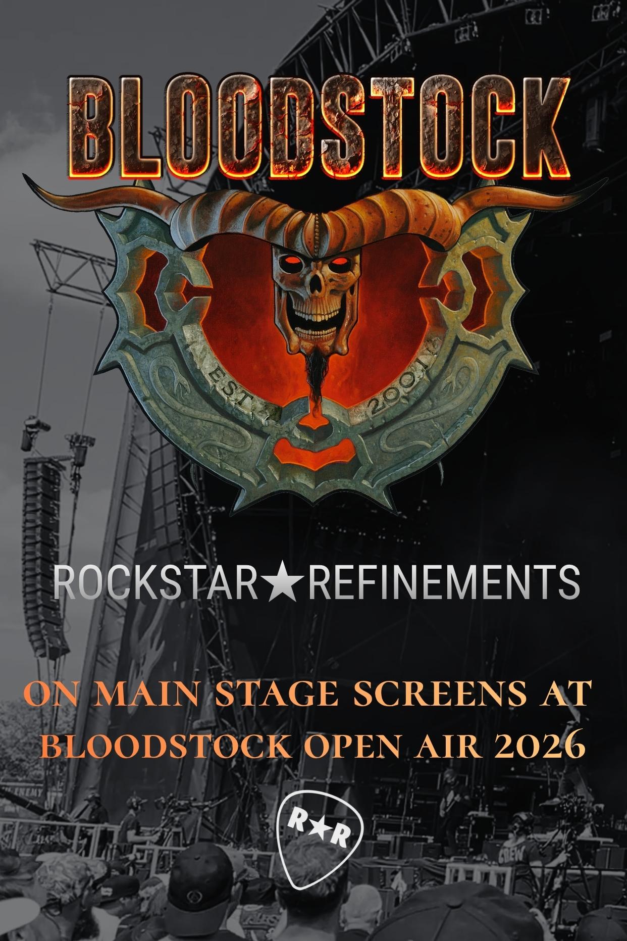 Bloodstock Open Air festival emblem with ROCKSTAR★REFINEMENTS on main stage screens announcement for 2026