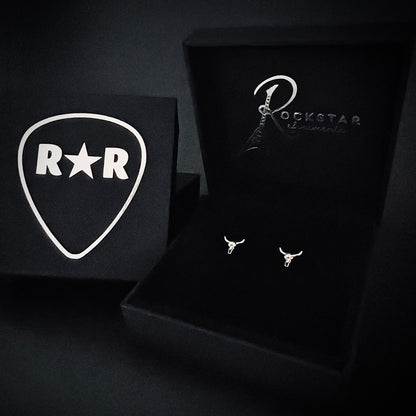 BULL-HEADED bull skull sterling silver earrings by ROCKSTAR★REFINEMENTS™ photographed in branded jewellery box 