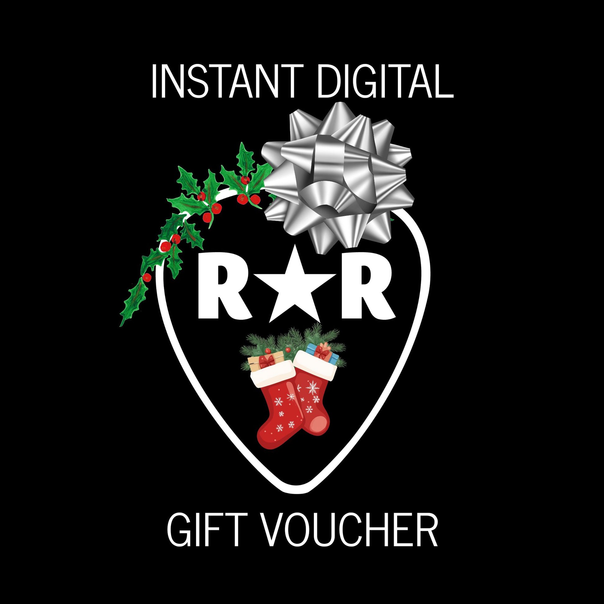 ROCKSTAR★REFINEMENTS
CHRISTMAS GIFT VOUCHER- INSTANT DIGITAL. Photo of R★R guitar pick logo with silver bow, holly, and xmas stocking, on a black background.
