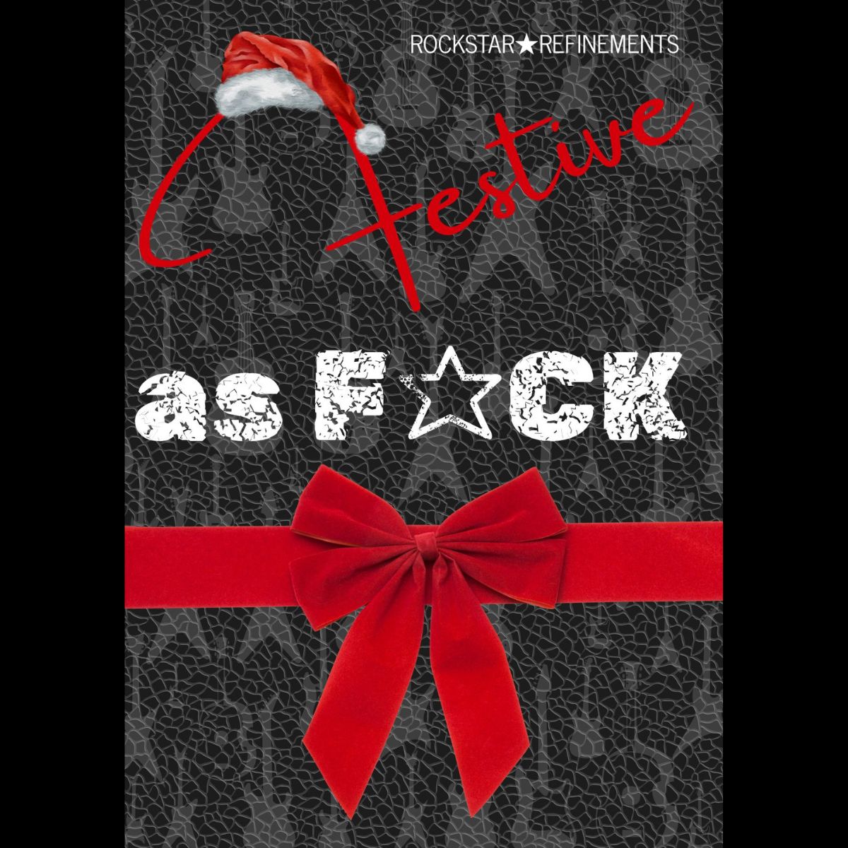 Christmas greetings card by ROCKSTAR★REFINEMENTS with Santa hat, red bow, and black background featuring subtle guitar silhouettes.