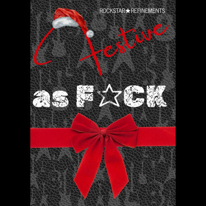 Christmas greetings card by ROCKSTAR★REFINEMENTS with Santa hat, red bow, and black background featuring subtle guitar silhouettes.