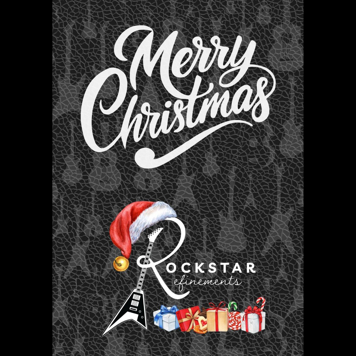 Postable Christmas greetings card with Santa hat and gold bell on the ROCKSTAR★REFINEMENTS logo with gift boxes underneath.