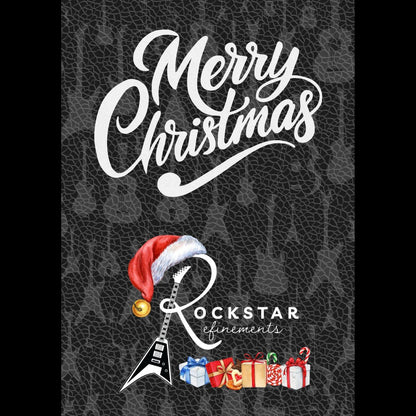 Postable Christmas greetings card with Santa hat and gold bell on the ROCKSTAR★REFINEMENTS logo with gift boxes underneath.