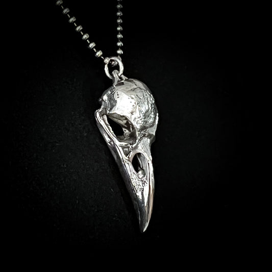 CROW'D CONTROL by ROCKSTAR★REFINEMENTS. Sterling silver bird skull pendant on 24-inch ball chain