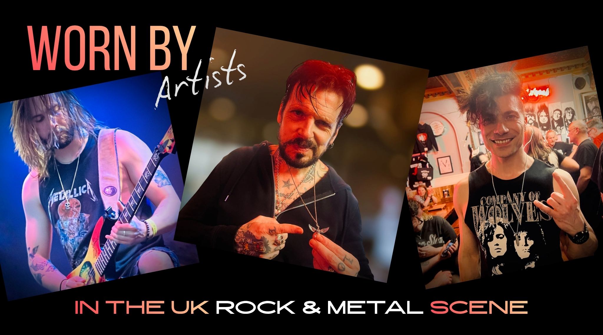 Collage of UK rock and metal musicians wearing ROCKSTAR★REFINEMENTS™ sterling silver jewellery