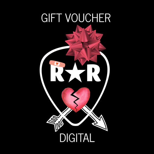 EMOTIONAL DAMAGES DIGITAL GIFT VOUCHER Digital gift voucher design with a heart, arrows, and bow on the R★R guitar pick logo