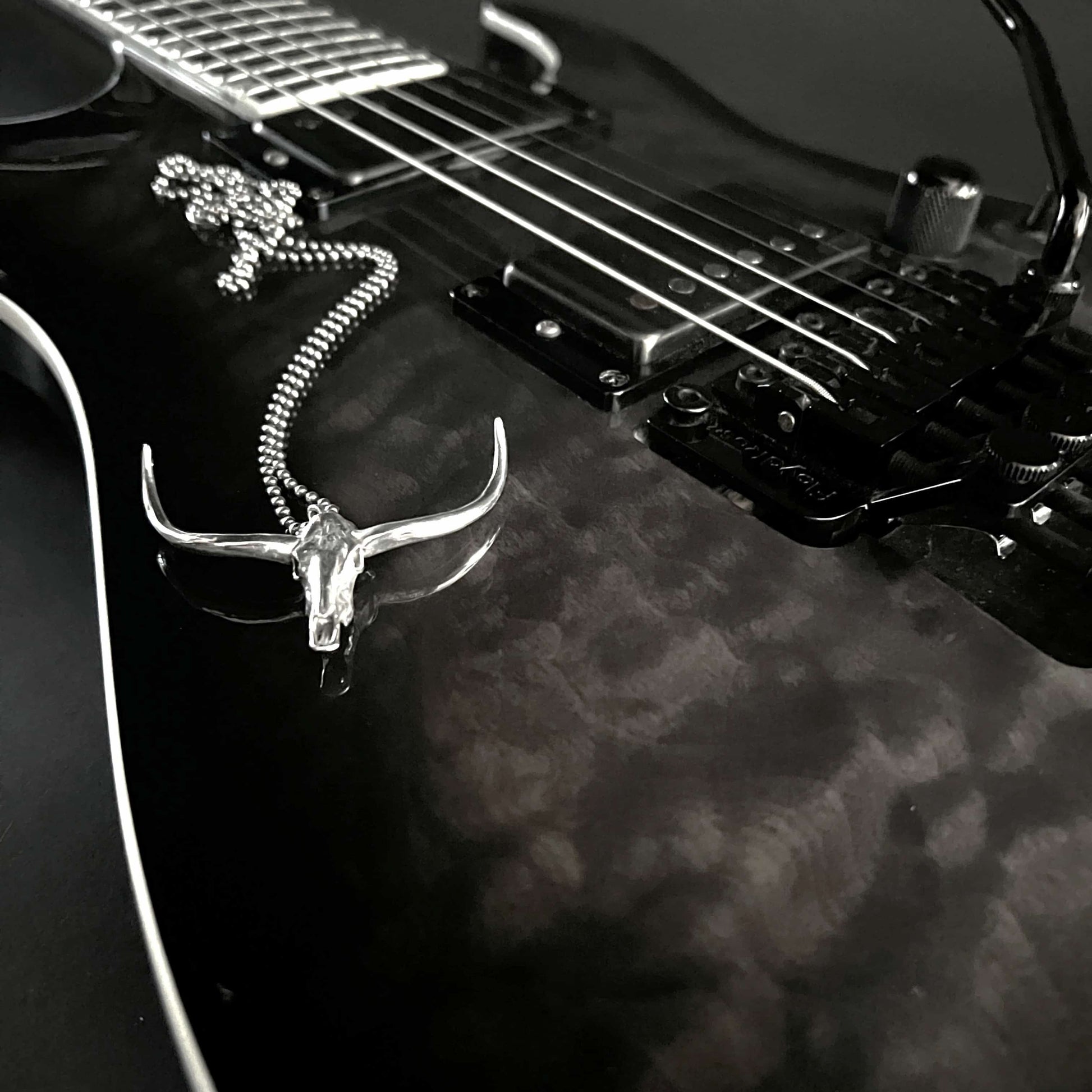 DON'T SQUAT WITH YER SPURS ON making itself at home on a black quilted ESP Horizon guitar