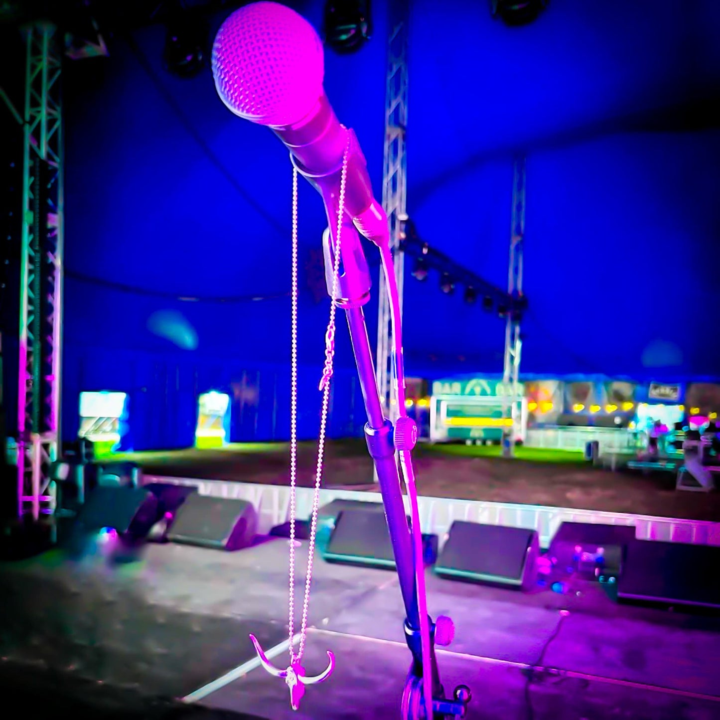 DON'T SQUAT PENDANT HANGING ON MICROPHONE STAND ON STAGE AT A LARGE MUSIC FESTIVAL 