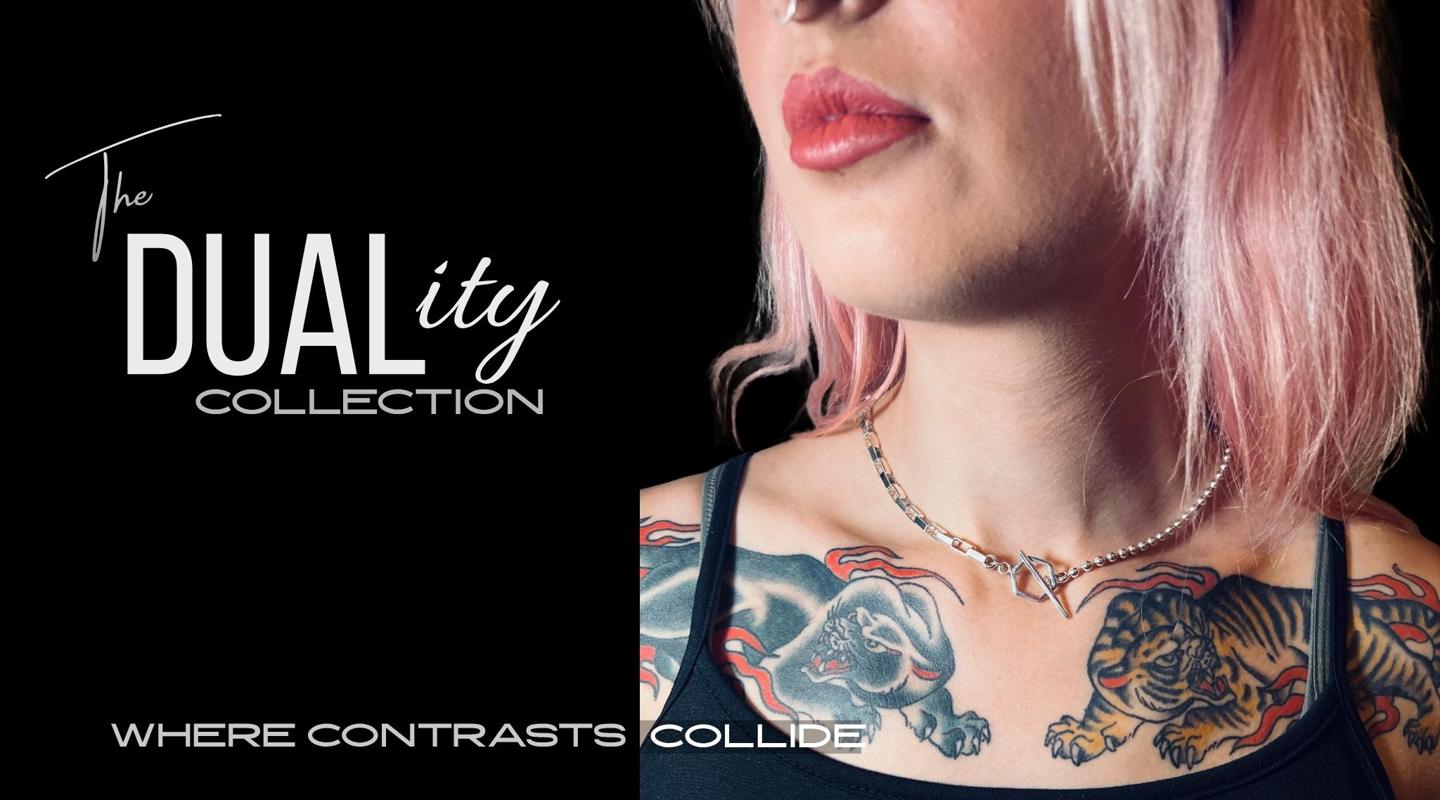Model wearing luxury sterling silver chain necklace from the ROCKSTAR★REFINEMENTS™ DUALity collection