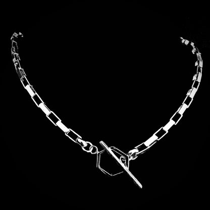 'FULL STACK' Solid silver chain with toggle and bar clasp by ROCKSTAR★REFINEMENTS™ on black background.