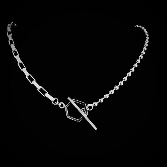 Front view of the HALF STACK sterling silver necklace, with ball chain combined with a solid silver rectangular link chain. 