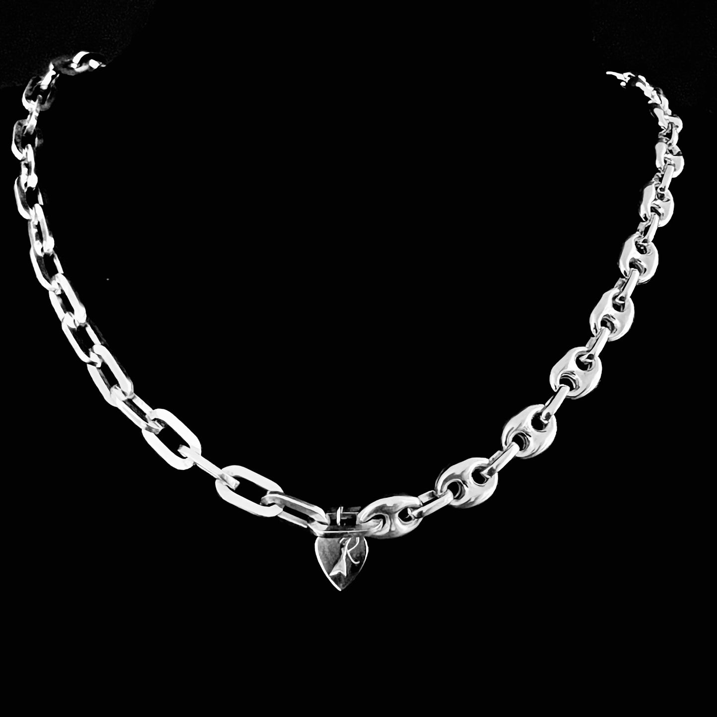 TWIN LEAD dual-chain sterling silver necklace from the DUALITY collection by ROCKSTAR★REFINEMENTS™ — rear view showing R★R branded jewellery tag, black background.