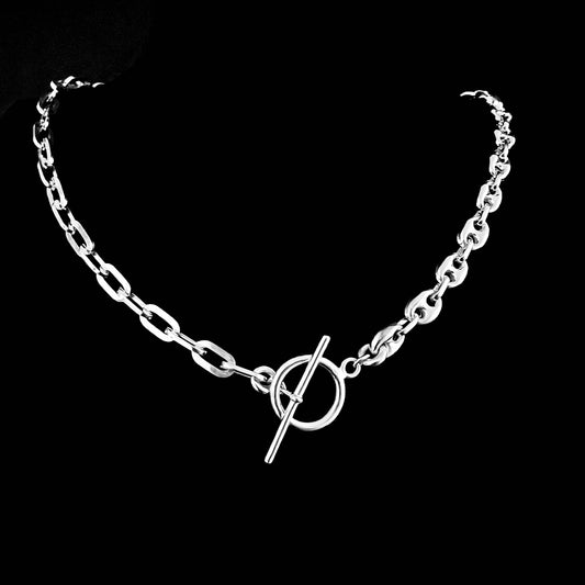TWIN LEAD dual-chain sterling silver necklace from the DUALITY collection by ROCKSTAR★REFINEMENTS™ — front view on black background.