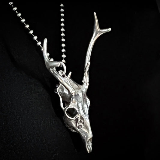 FAWN OF THE DEAD — sterling silver deer skull pendant on an oxidised ball chain, photographed against a black background by ROCKSTAR★REFINEMENTS