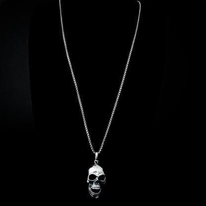 Full length photo of FINAL LAUGH — sterling silver skull pendant with on a 26-inch oxidised box chain by ROCKSTAR★REFINEMENTS