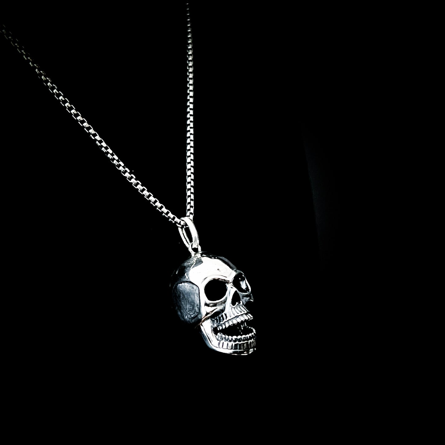 FINAL LAUGH — smug AF sterling silver skull pendant with on a 26-inch oxidised box chain by ROCKSTAR★REFINEMENTS