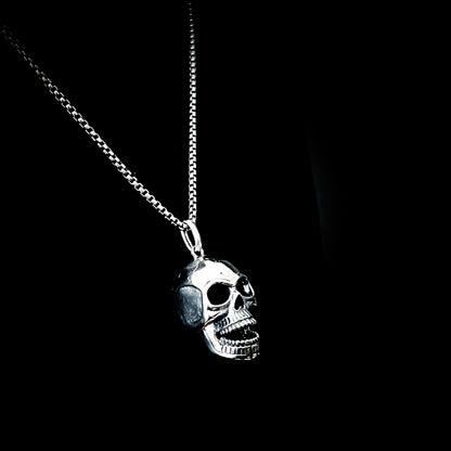 FINAL LAUGH — smug AF sterling silver skull pendant with on a 26-inch oxidised box chain by ROCKSTAR★REFINEMENTS