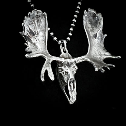 FULL METAL MOOSE — sterling silver moose head skull, photographed close-ip, against a black background by ROCKSTAR★REFINEMENTS