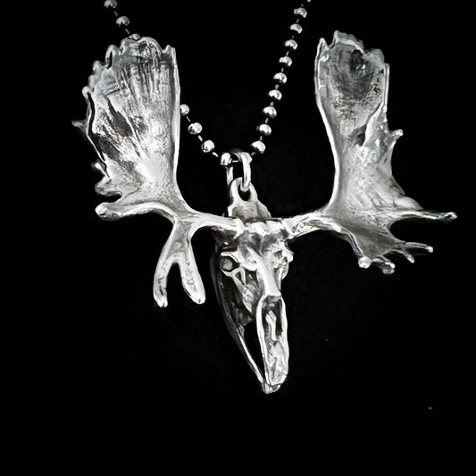 FULL METAL MOOSE — sterling silver moose head skull, photographed close-ip, against a black background by ROCKSTAR★REFINEMENTS