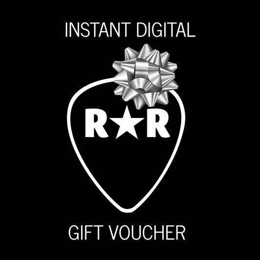 ROCKSTAR★REFINEMENTS
CHRISTMAS GIFT VOUCHER- INSTANT DIGITAL. Photo of R★R guitar pick logo with silver bow on a black background.
