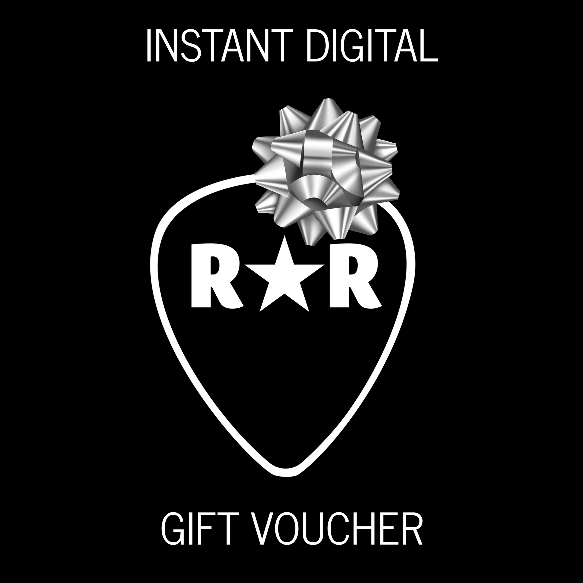 ROCKSTAR★REFINEMENTS
CHRISTMAS GIFT VOUCHER- INSTANT DIGITAL. Photo of R★R guitar pick logo with silver bow on a black background.